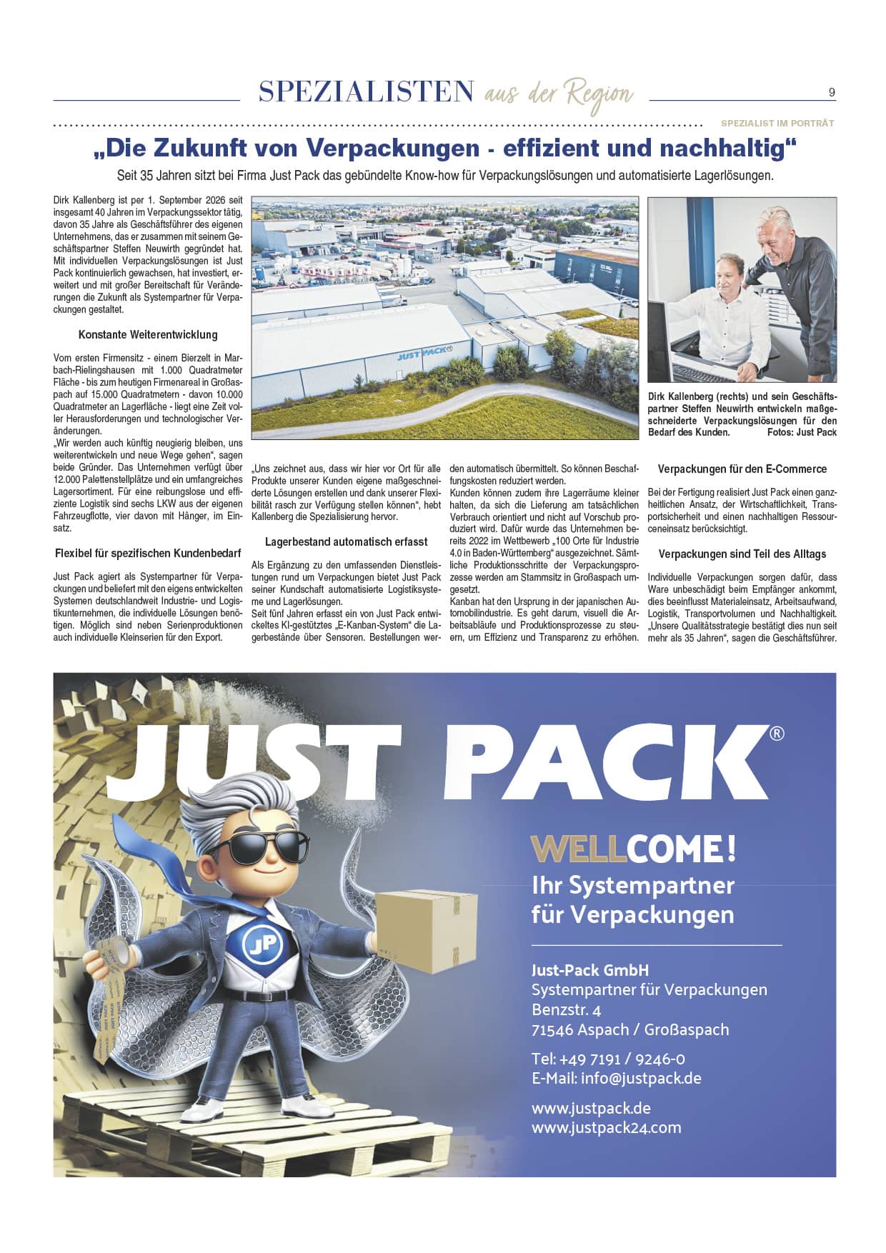 Zeitungsseite mit dem Porträt von Just Pack in der Beilage Spezialisten aus der Region